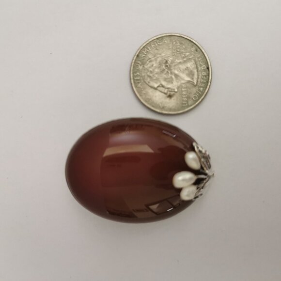 Antique Sterling Silver Signed Carnelian with Pearls Brooch - Picture 6 of 14